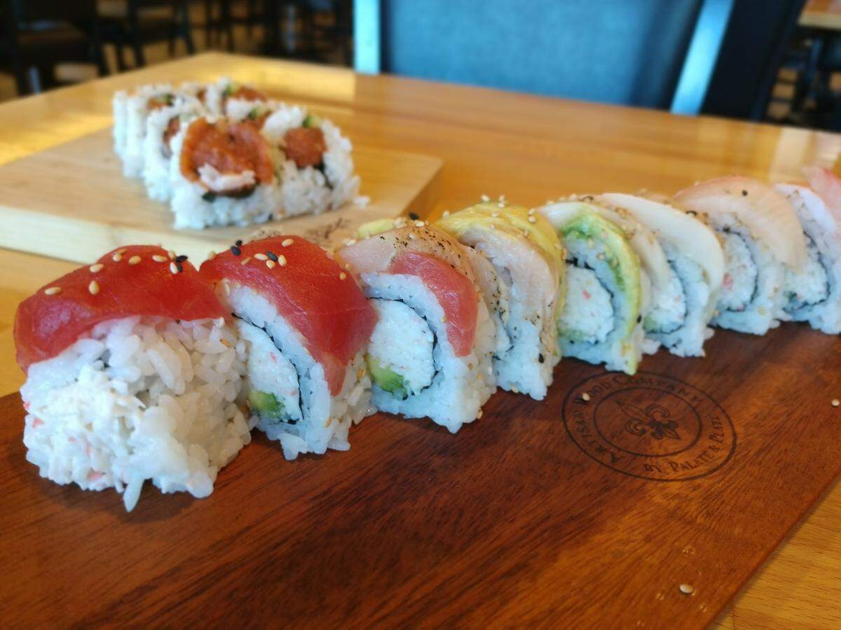 A rainbow roll, front, and spicy tuna roll from Jin Sushi in Lakewood.