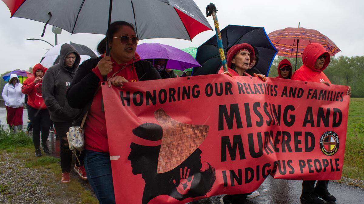 Lummi Tribal members and community members gather to march in honor of Missing and Murdered Indigenous Women and People Awareness Day in May 2022.