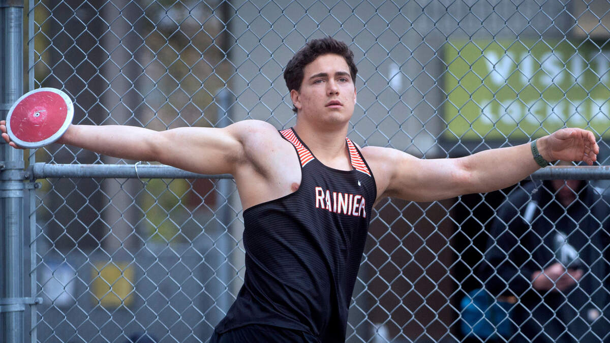 Rainier’s Jeremiah Nubbe - one of the nation’s top-ranked discus throwers - competes in the South Sound Track & Field Classic at Sparks Stadium in Puyallup. Washington, on Saturday, April 16, 2022.