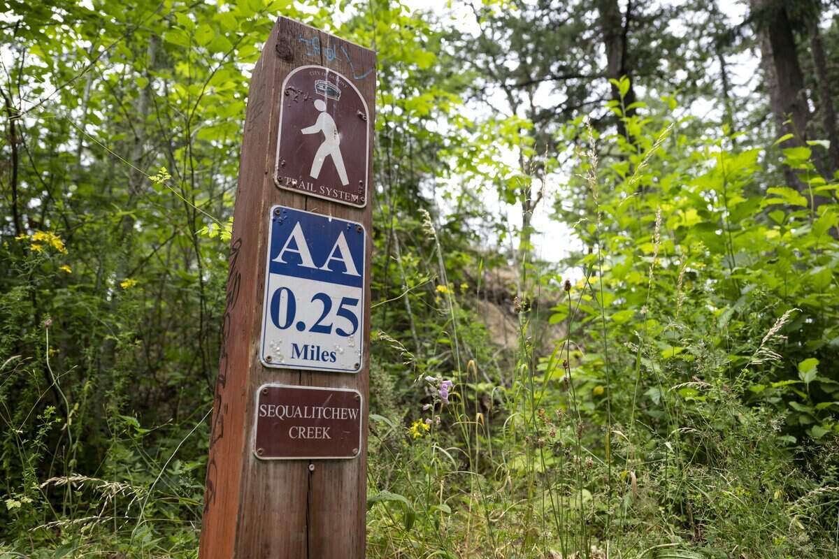 A sign marks a portion of the Sequalitchew Creek trail on Monday, June 29, 2026, in DuPont, Wash.