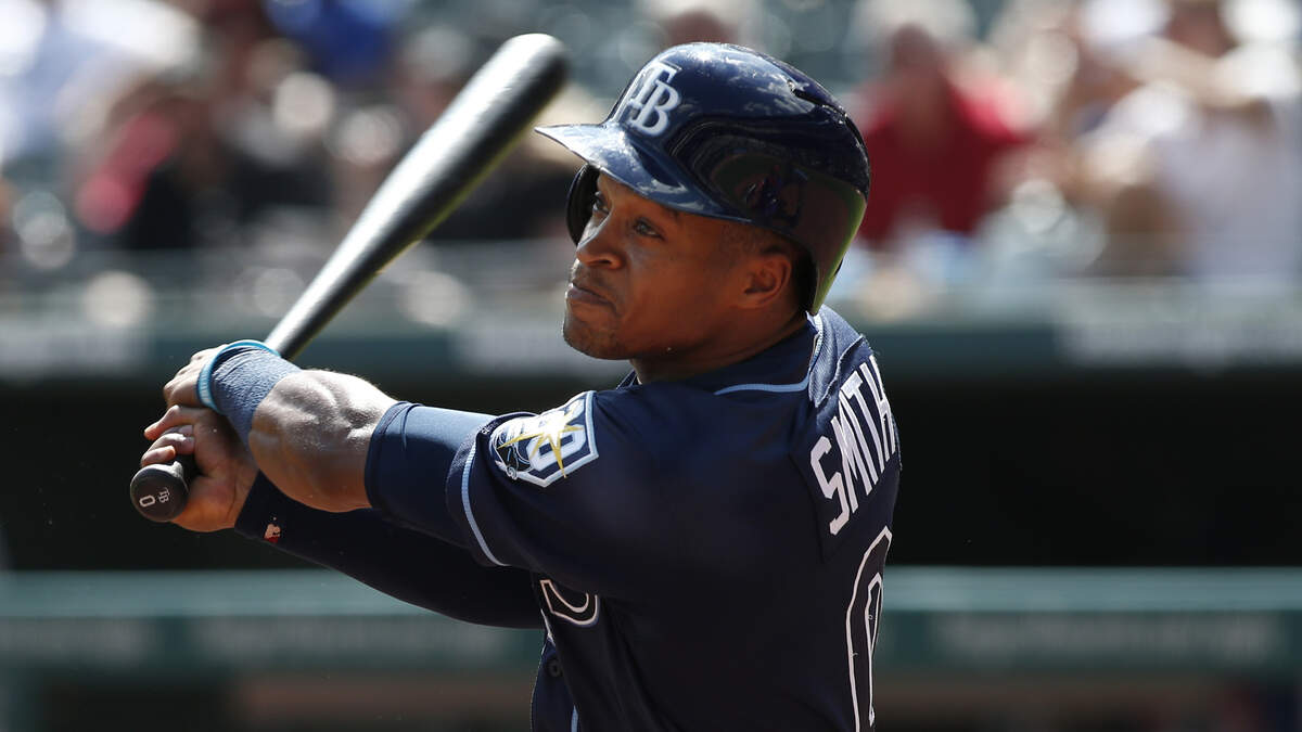 Tampa Bay Rays Mallex Smith bats against the Texas Rangers during the fifth inning of a baseball game Wednesday, Sept. 19, 2018, in Arlington, Texas. (AP Photo/Mike Stone)