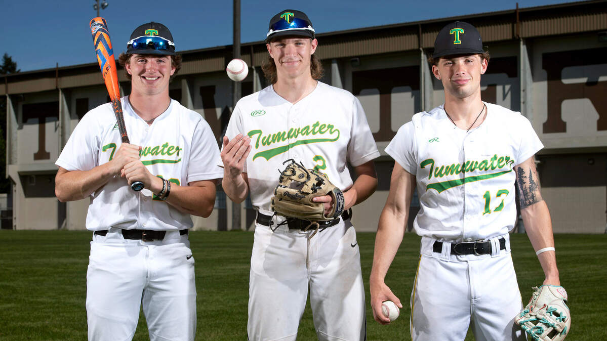 Tumwater baseball infielder Eddie Marson, pitcher Liam Karlson and pither/infielder Derek Thompson are leading the two-time defending state champion T-Birds back into the state tournament. The trio are photographed at Tumwater High School in Tumwater, Washington, on Wednesday, May 15, 2024.