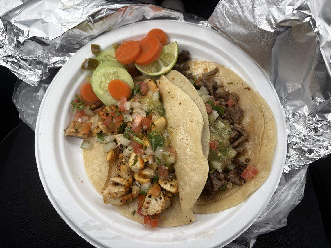 A chicken taco, left, and a steak taco, right, from Taqueria Sinaloa in Tacoma.