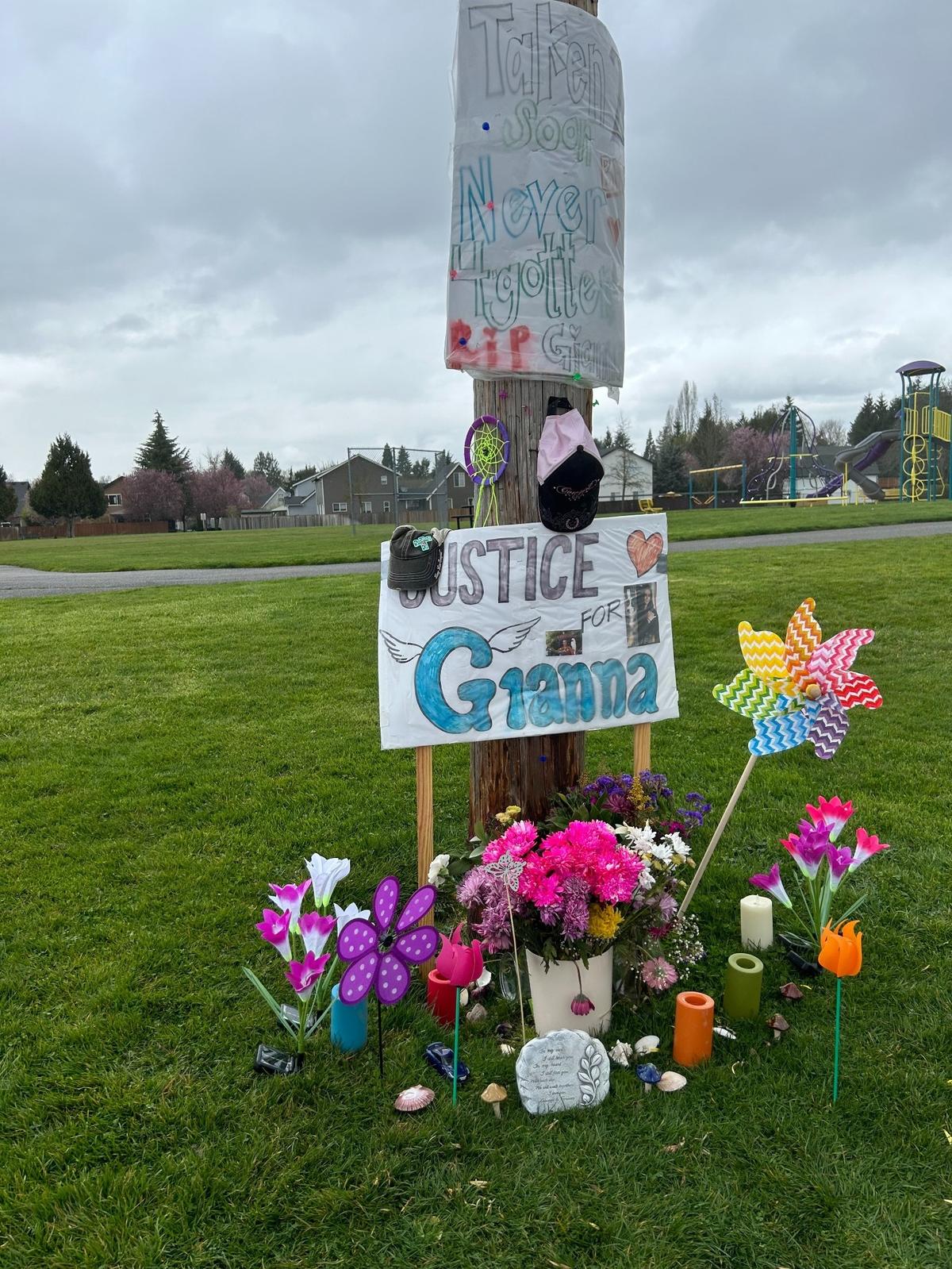 A memorial for 22-year-old Gianna Stone at Sam Peach Park in Puyallup.