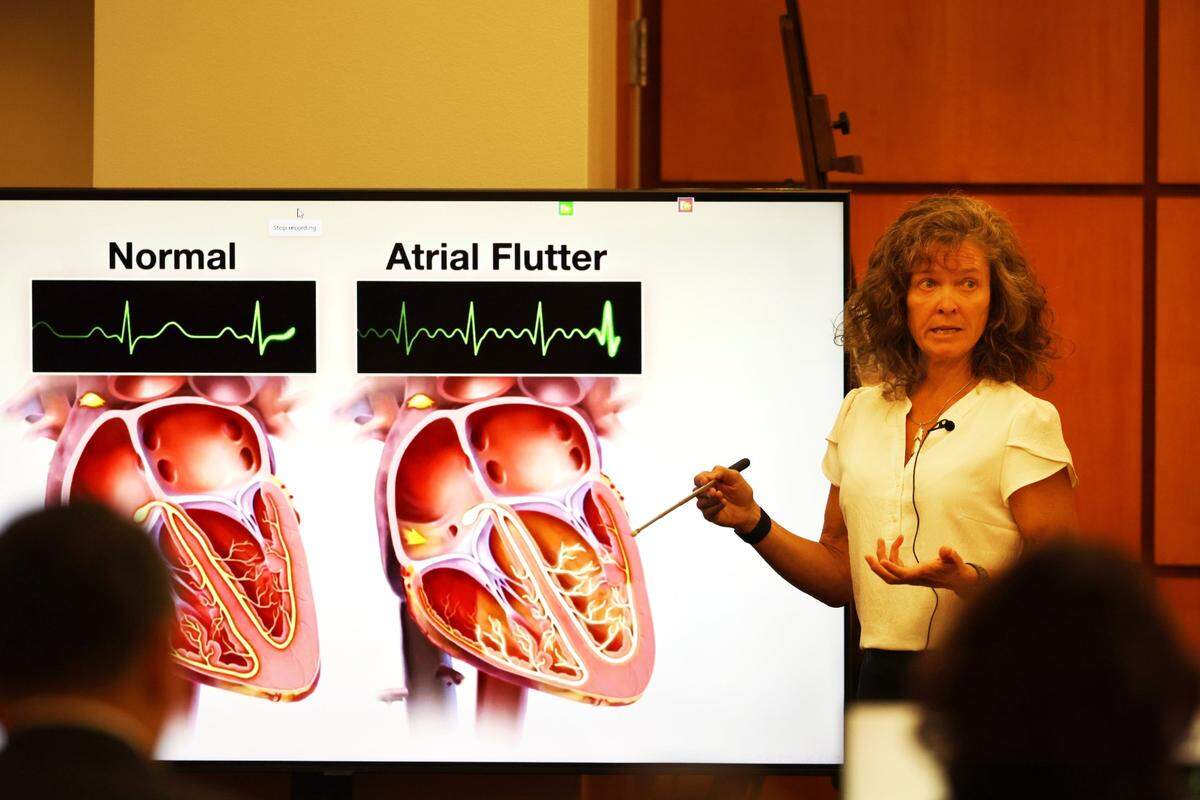 Dr. Jennifer Stankus speaks about atrial flutter in Pierce County Superior Court Thursday Nov. 16, 2023, in Tacoma, WA. Police officers Christopher Burbank, Matthew Collins and Timothy Rankine are charged with the death of Manny Ellis. 225515