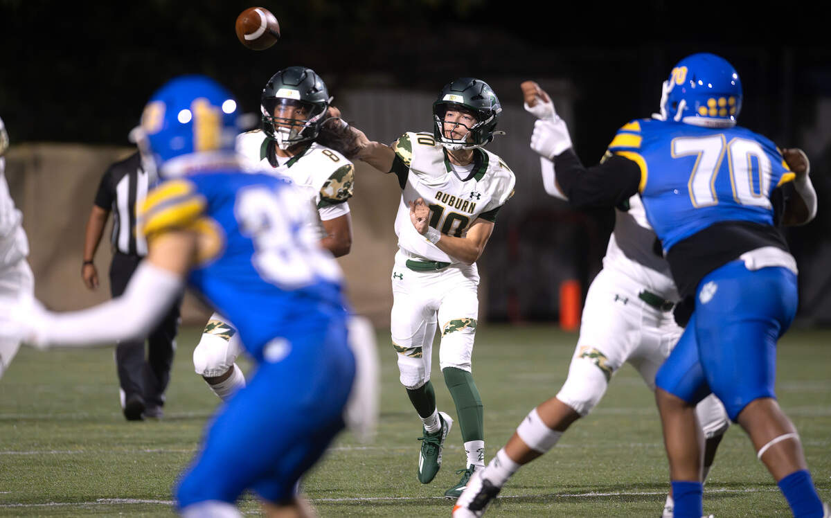 Auburn quarterback Baylen Erdmann fires a pass during Thursday night’s North Puget Sound League football game against the Stadium Tigers at Stadium High School in Tacoma, Washington, on Sept. 24, 2024.