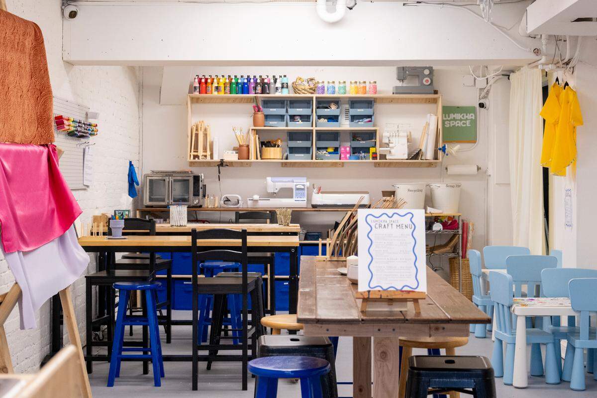 Tools for craft classes and workshops for all ages are organized near craft tables in the back half of Lumikha Space on Wednesday, May 14, 2025, in Tacoma, Wash.