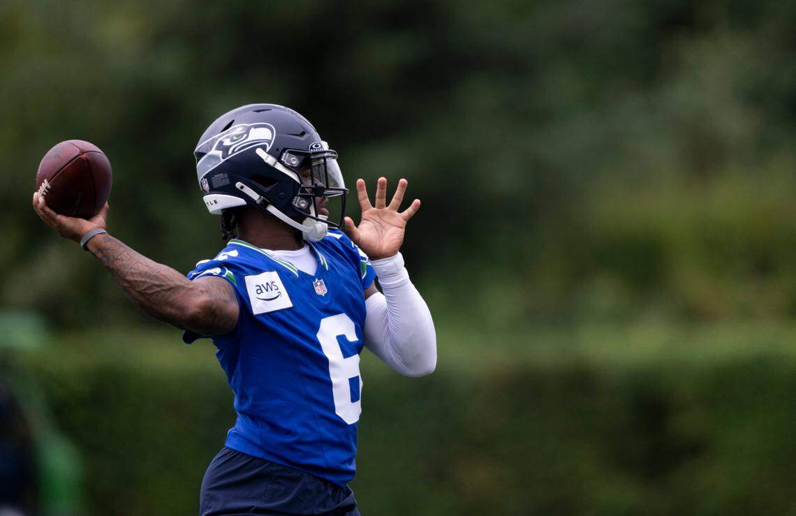 Seattle Seahawks quarterback Jalen Milroe (6) throws the ball during training camp at Virginia Mason Athletic Center on Friday, July 25, 2025, in Renton, Wash.