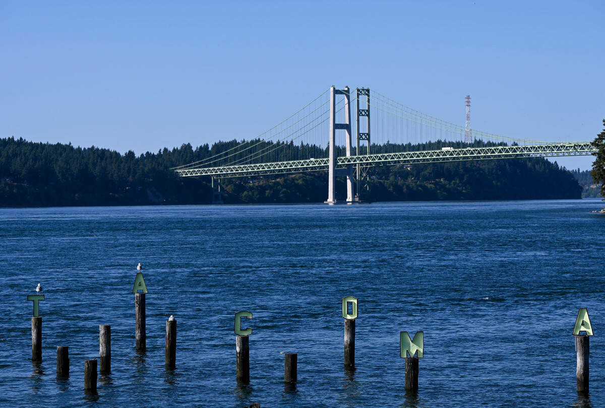 The Tacoma Narrows Bridge is shown Aug. 1, 2023. Per state law drivers must pay tolls on the bridge until the loans used to build it are paid off.