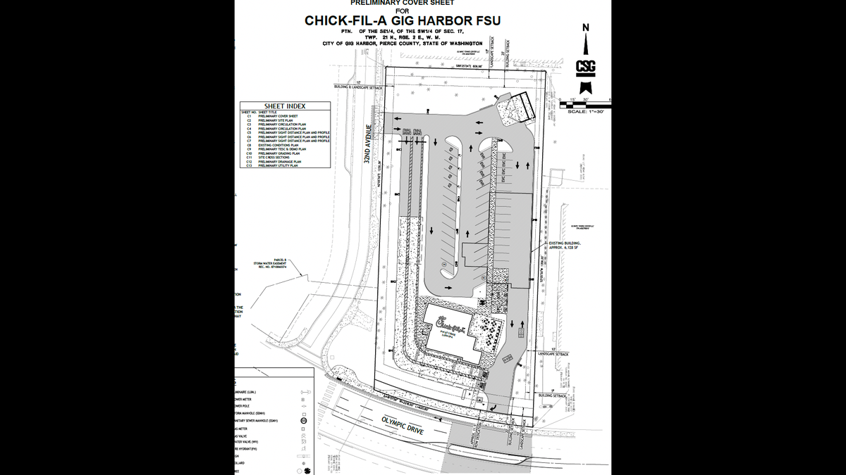 Revised drawing for the layout of the proposed Chick-fil-A site in Gig Harbor shows the building has swapped positions with parking lot to be closer to Olympic Drive than in previous plan.