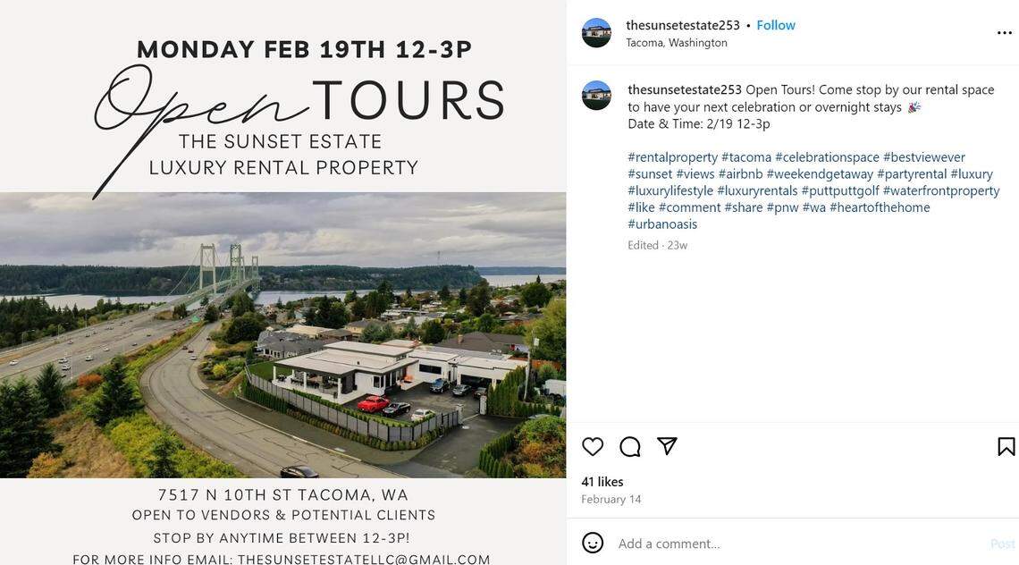 The Sunset Estate’s Instagram post about an open house in February 2024.