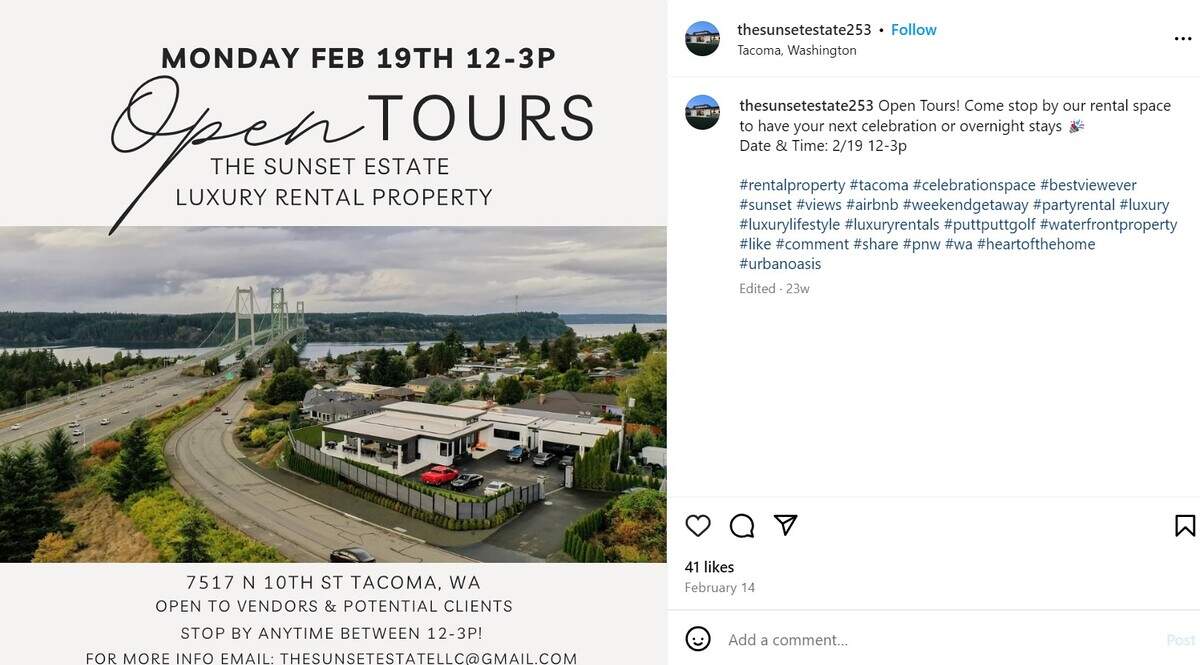 The Sunset Estate’s Instagram post about an open house in February 2024.