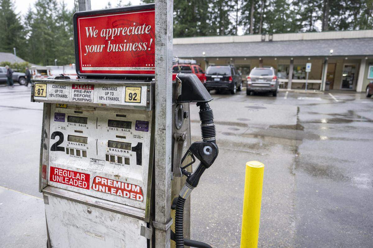 A gas pump at Anderson Island General Store is pictured outside of the store on Monday, Feb. 2, 2026, in Anderson Island, Wash. It was the last day of business for store, and the last remaining gas pumps on the island.