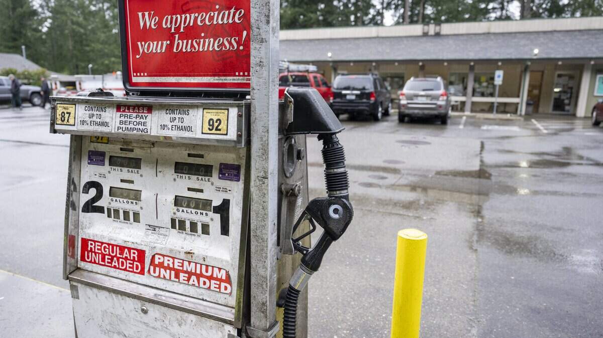 A gas pump at Anderson Island General Store is pictured outside of the store on Monday, Feb. 2, 2026, in Anderson Island, Wash. It was the last day of business for store, and the last remaining gas pumps on the island.