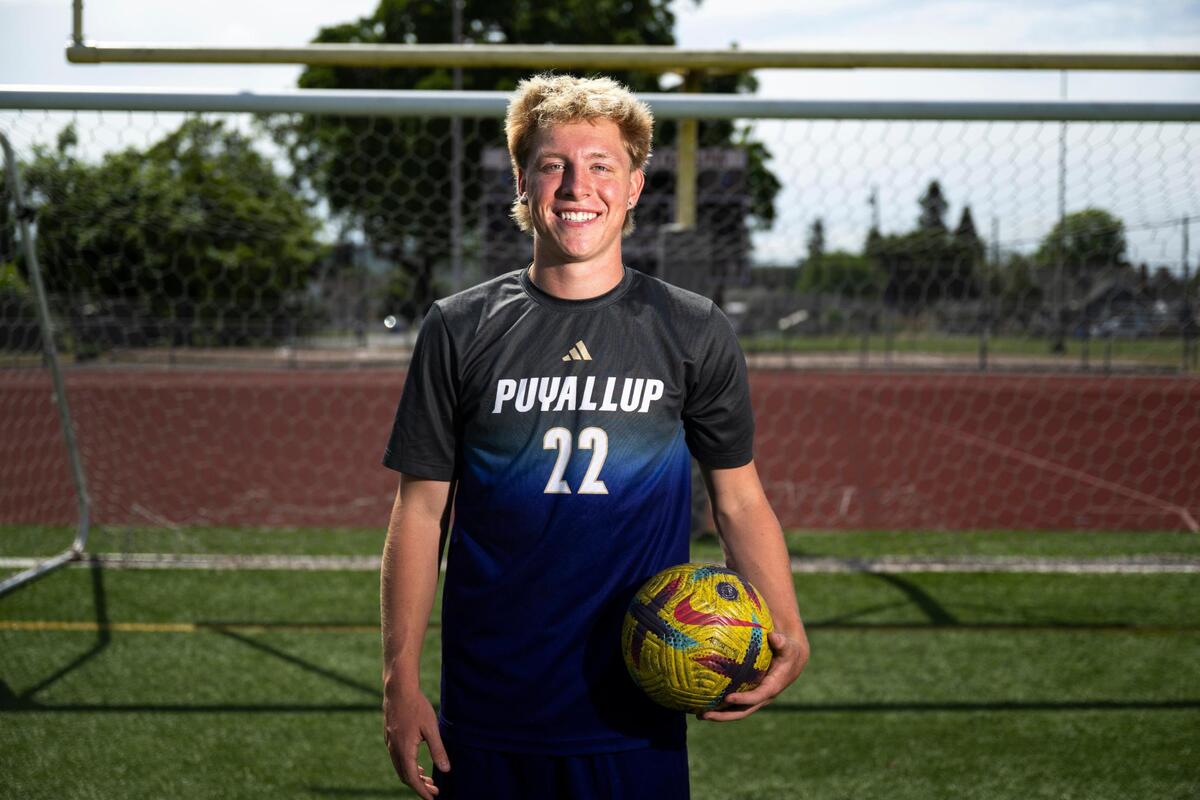 The News Tribune’s 2025 All-Area boys soccer player of the year Puyallup High School senior forward Zack Robertson poses for a portrait at Sparks Stadium, on Thursday, June 12, 2025, in Puyallup, Wash.