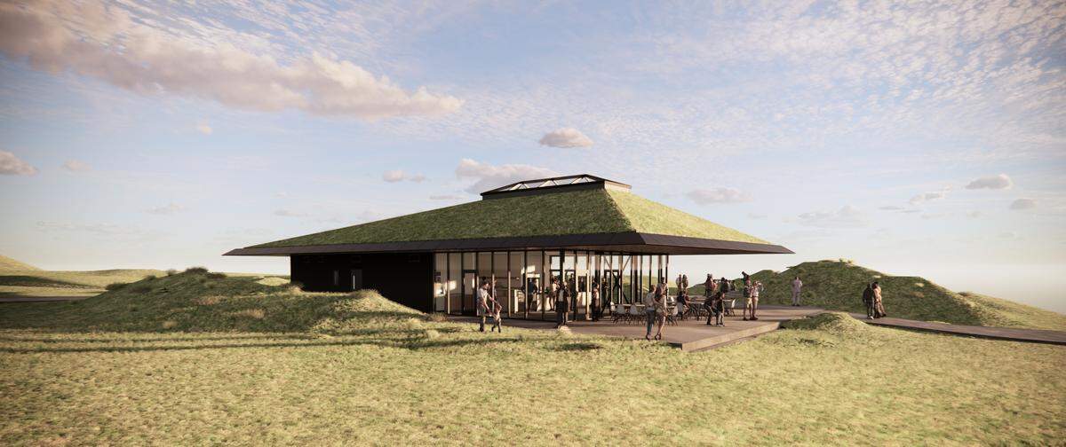 A rendering from SHKS Architects of The Turnstand at Chambers Bay shows off the vegetative cantilever roof, large windows and promenade.