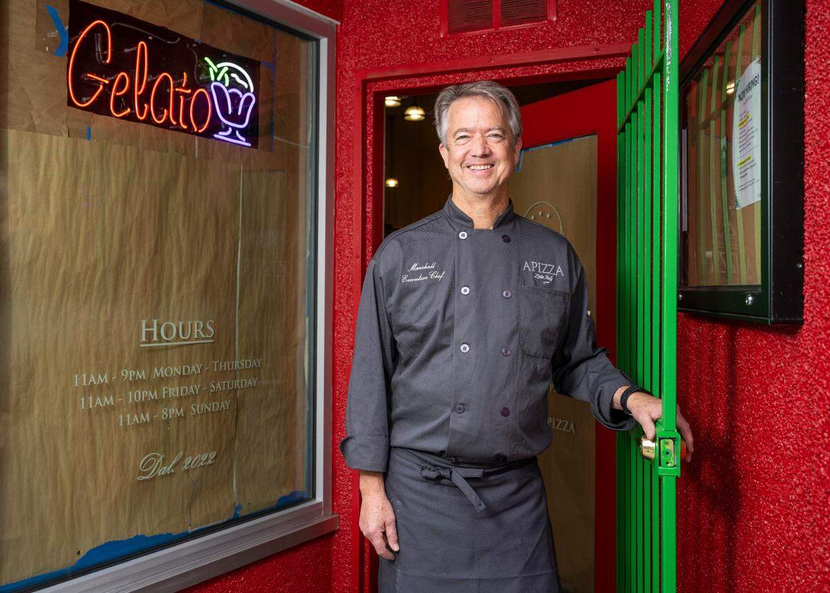 Marshall Jett outside his new Tacoma restaurant, APIZZA Little Italy, on Sept. 14, 2022. He hopes to open for daily service this fall.
