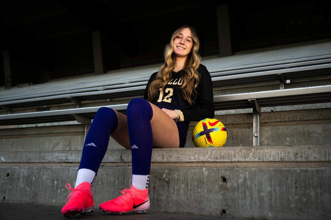 Puyallup High School forward Ella Bach poses for a portrait at Sparks Stadium, on Monday, Dec. 16, 2024, in Puyallup, Wash.