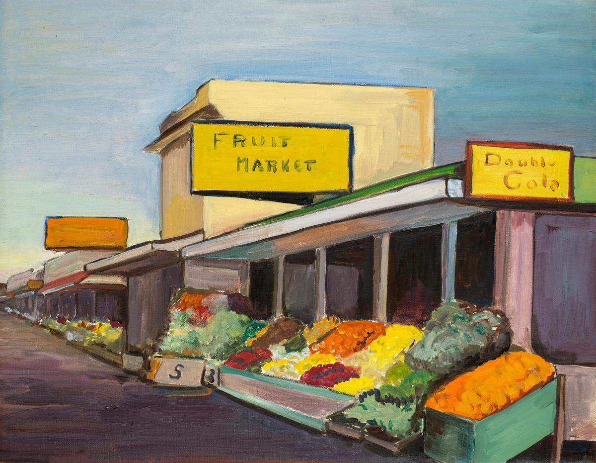 Painting of a Tacoma fruit market by B.L. Hyde.