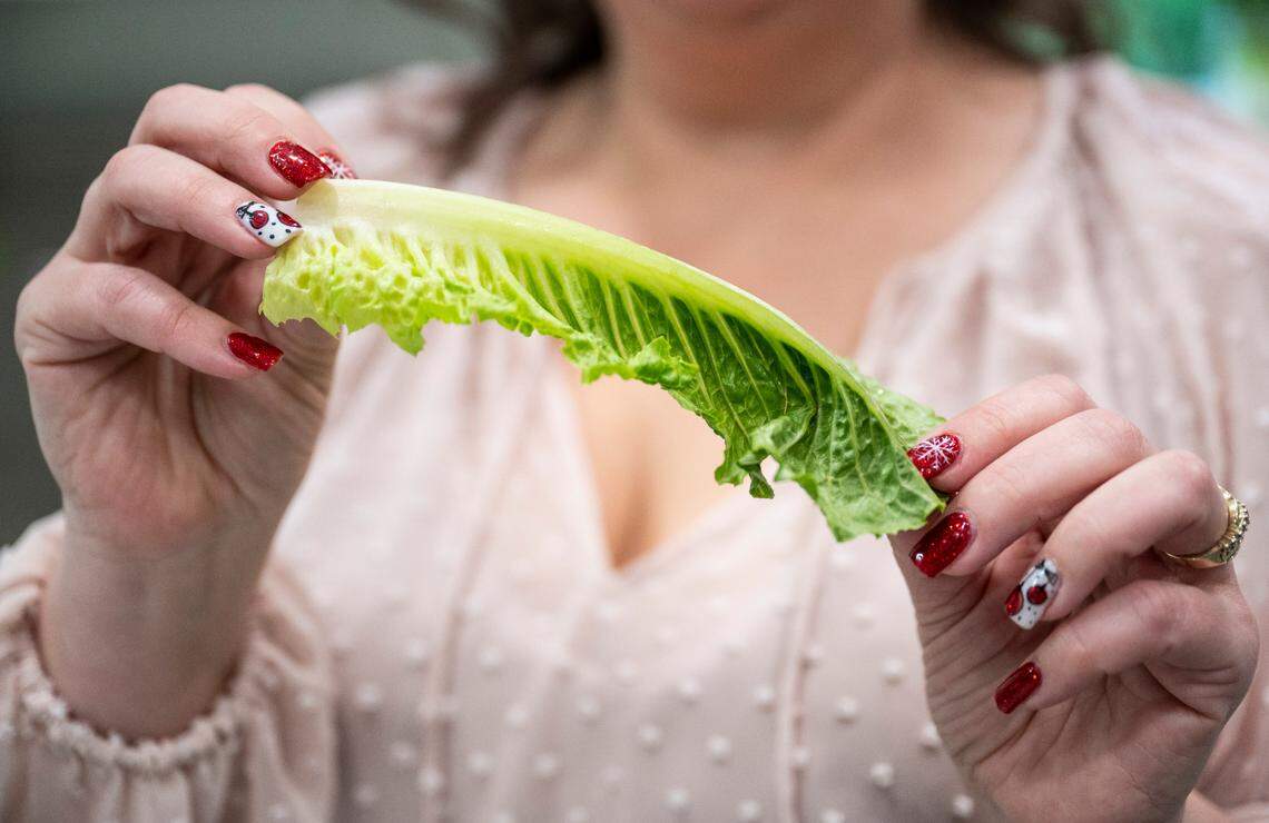 Amy Cross, founder of The Cross Legacy, holds up a piece of lettuce that she has preserved for over a month at her home in Bonney Lake, Wash. on Dec. 7, 2022. Amy has amassed over 140,000 followers over the course of a year from sharing tips on social media platforms and her blog about how to preserve food and fresh produce to save money on groceries.
