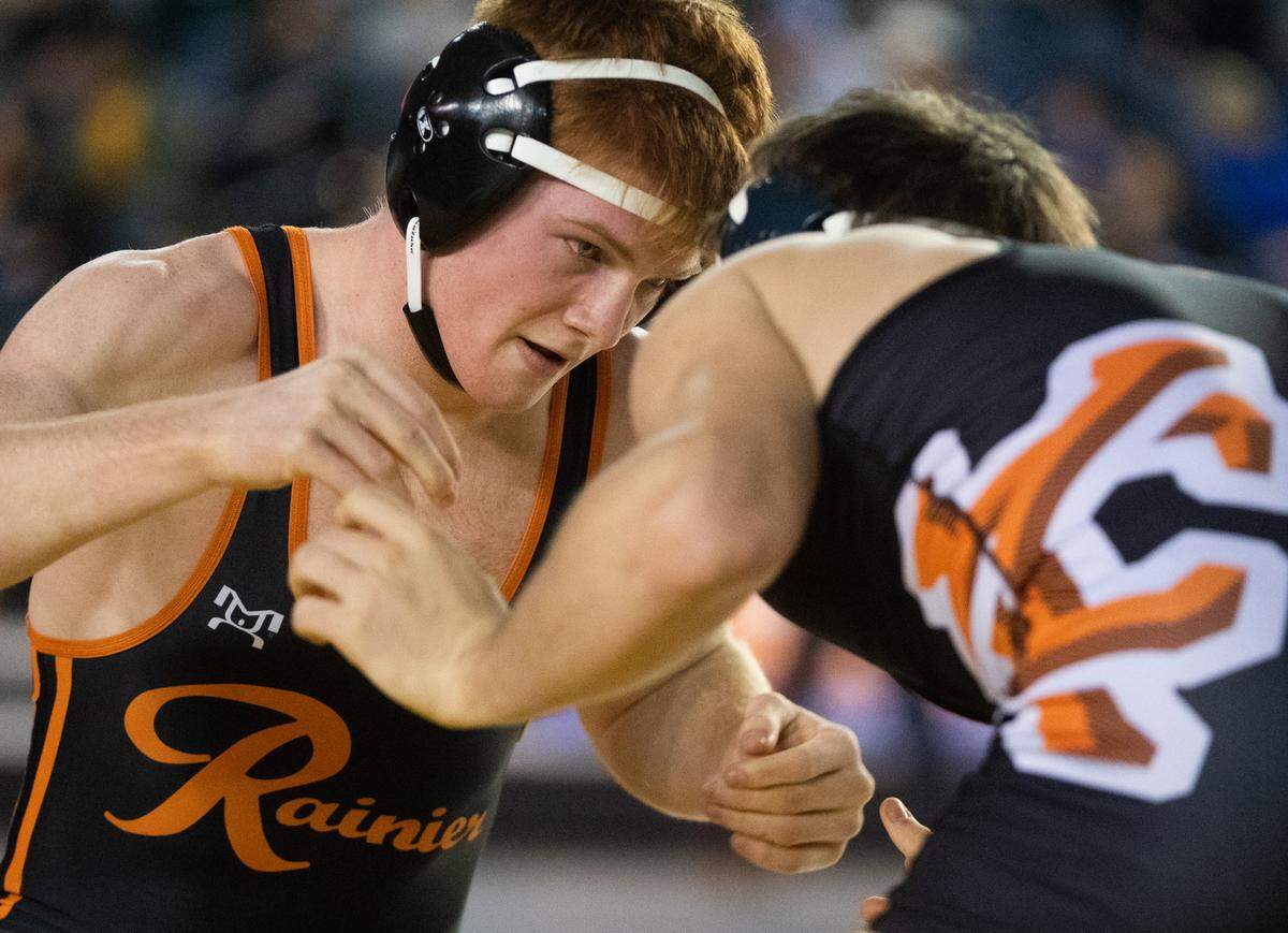 Rainier’s Brody Klein competes in the 1B/2B 160 pound championship during day two of Mat Classic XXXII at the Tacoma Dome in Tacoma, Wash., on Saturday, Feb. 22, 2020.