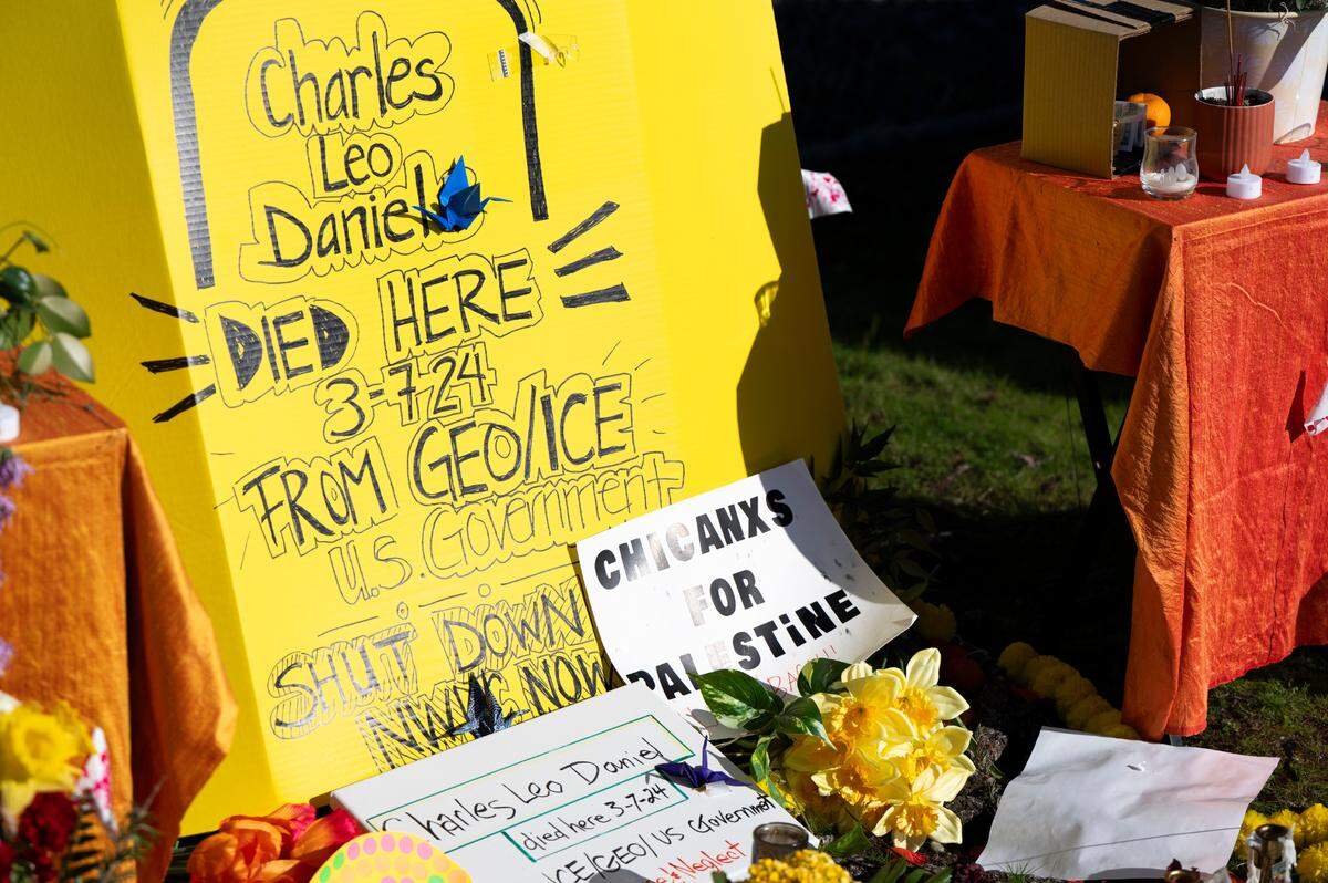 A vigil for Charles Leo Daniel sits on display outside the Northwest ICE Processing Center on Tuesday, March 19, 2024, in Tacoma, Wash. Daniel died inside the facility in early March.