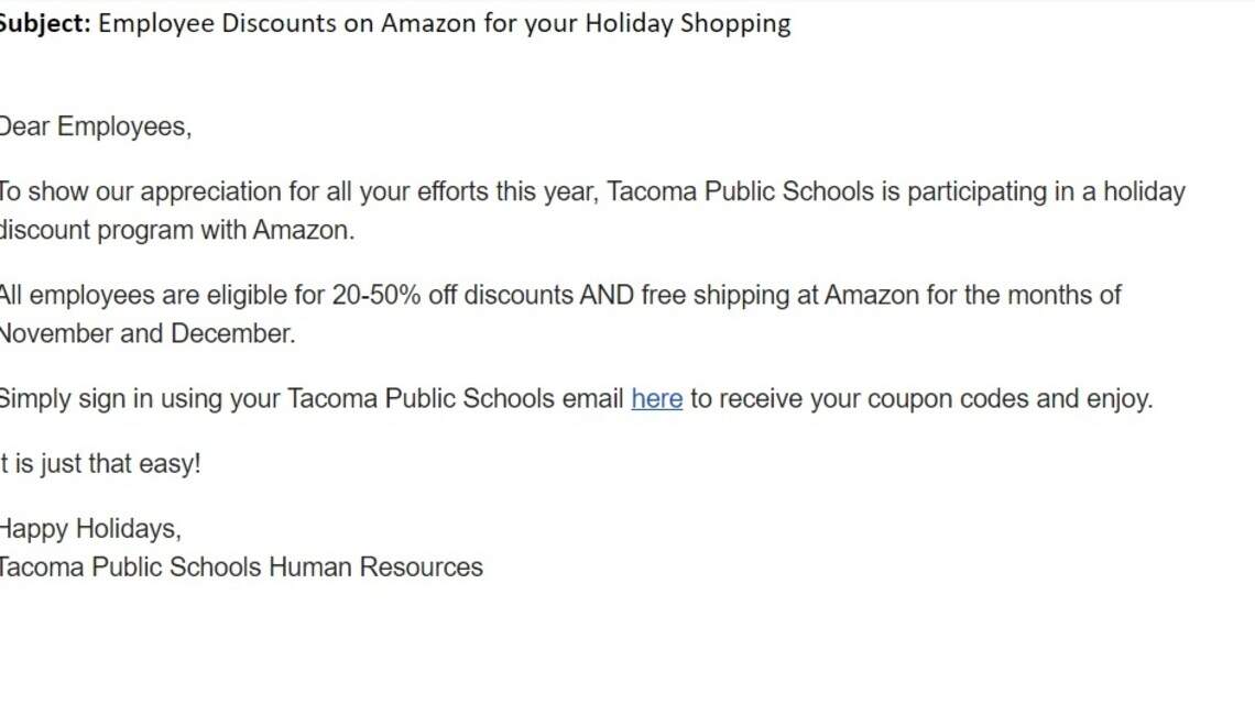 Email promised Tacoma schools staff Amazon holiday discount. It was fake, sent by district