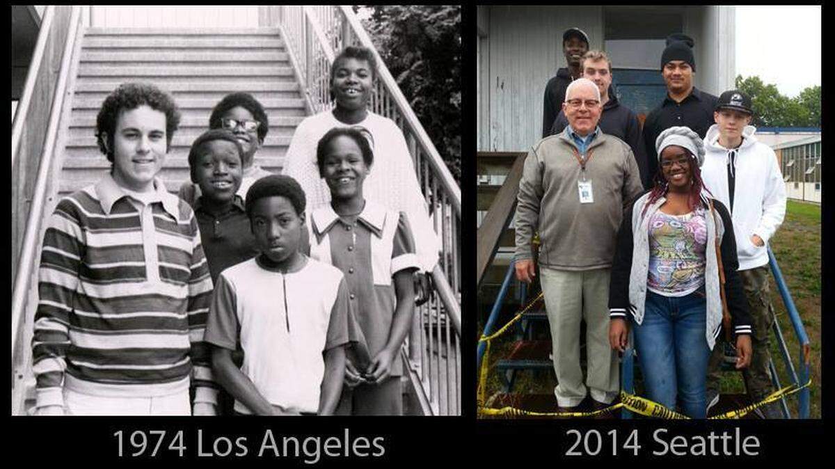 Michael McSweeney is pictured with his students in 1974 and 2014