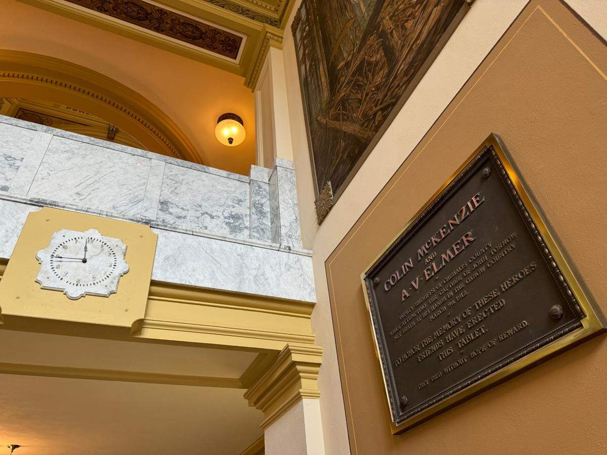 A bronze plaque inside the Grays Harbor County courthouse commemorates Chehalis County sheriff’s deputies Colin McKenzie and A.V. Elmer, who were killed by outlaw John Tornow in 1912.