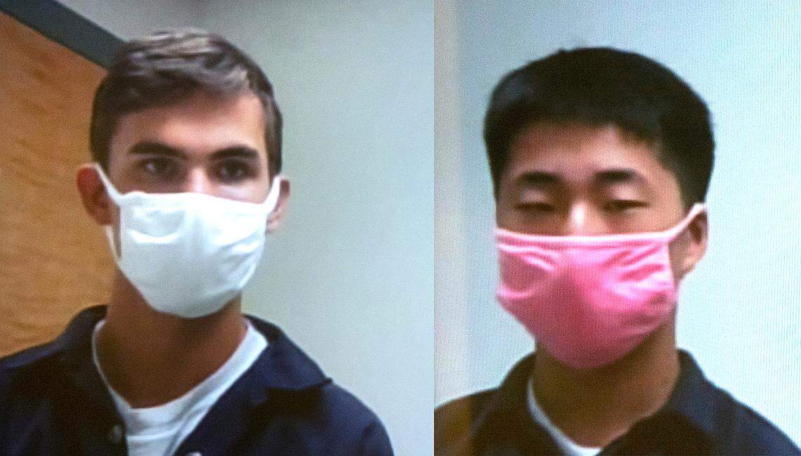 Gabriel Davies (left) and Justin Jiwoon Yoonin appear via video for their arrangments on first-degree murder charges in Pierce County Superior Court in Tacoma, Washington on Tuesday, Sept. 6, 2022. The pair are charged in the death of a 51-year-old Orting man.