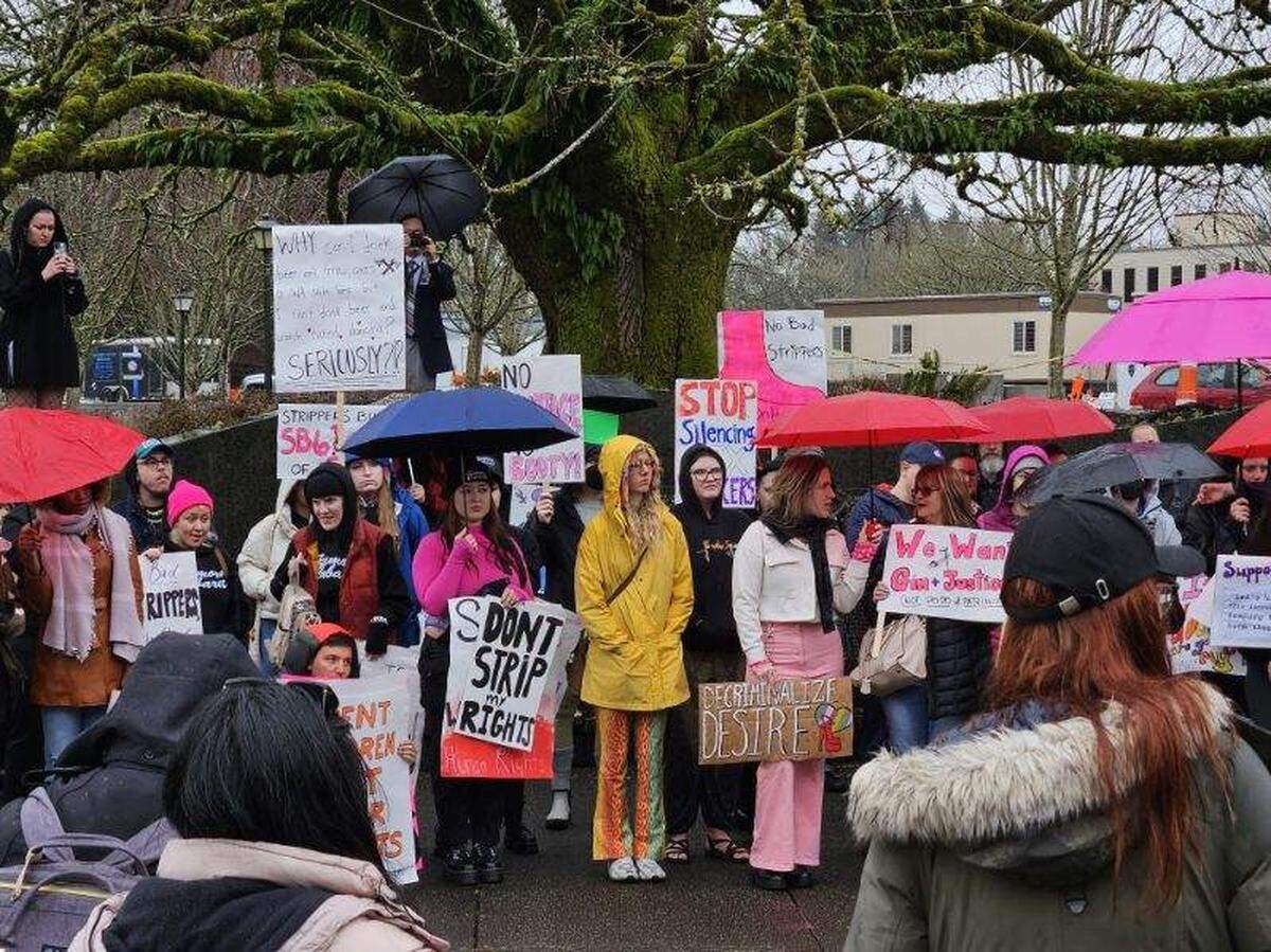 A demonstration in support of Washington’s “Strippers’ Bill of Rights” at Capitol in Olympia on Feb. 19, 2024.