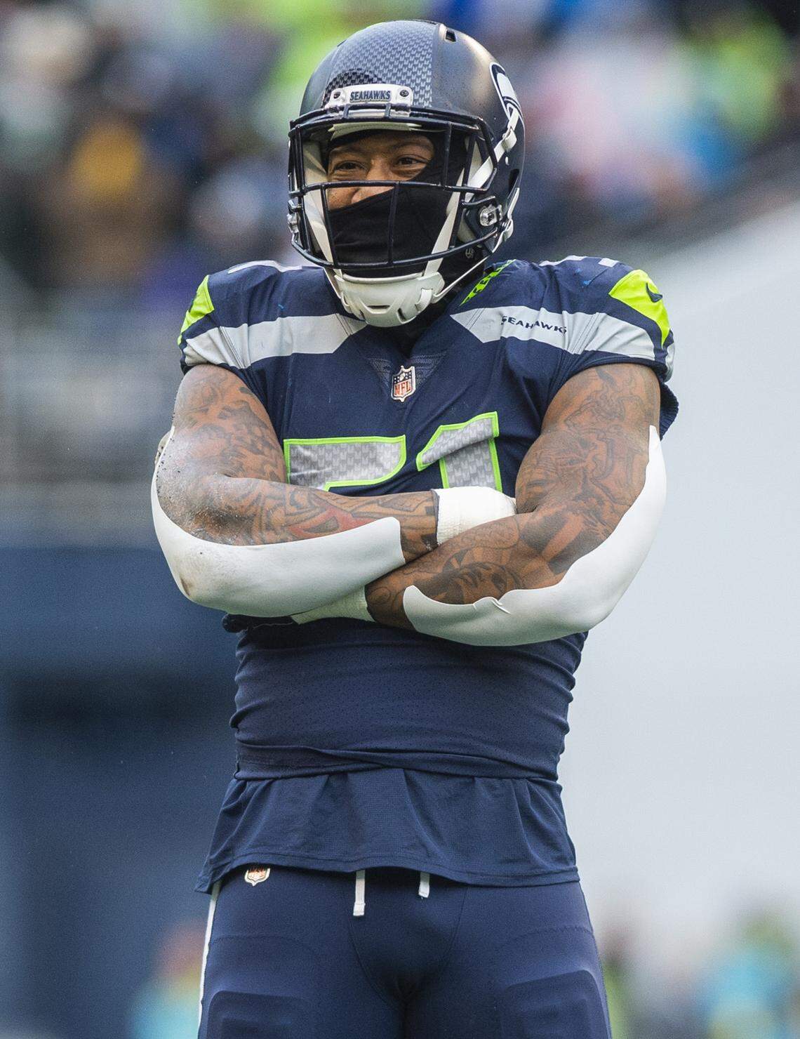 Seattle Seahawks linebacker Bruce Irvin (51) celebrates sacking Los Angeles Rams quarterback Baker Mayfield (17) in the third quarter of an NFL game at Lumen Field in Seattle, Wash. on Jan. 8, 2023. The Seahawks defeated the Rams in overtime 19-16.