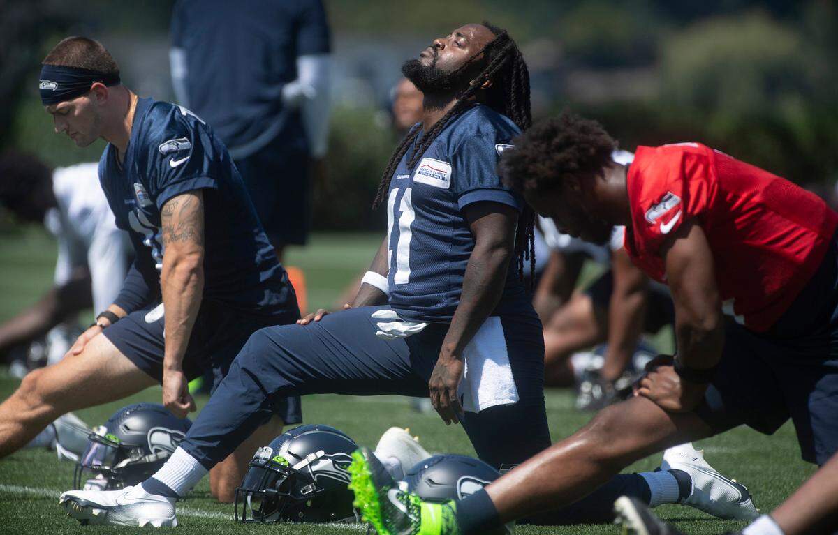 Seahawks running back Alex Collins during practice at the Virginia Mason Athletic Complex in Renton, Washington, on Thursday, July 29, 2021.
