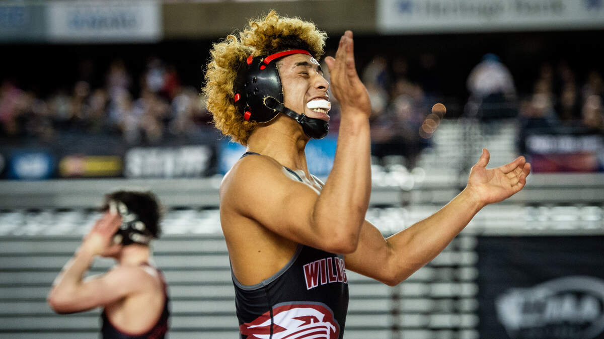 Toppenish’s Alexei Rubio reacts after defeating Steilacoom’s Zachary Rowe in the 2A 145lb finals during Mat Classic XXXI at the Tacoma Dome in Tacoma, Wash., on Saturday, Feb. 16, 2019.