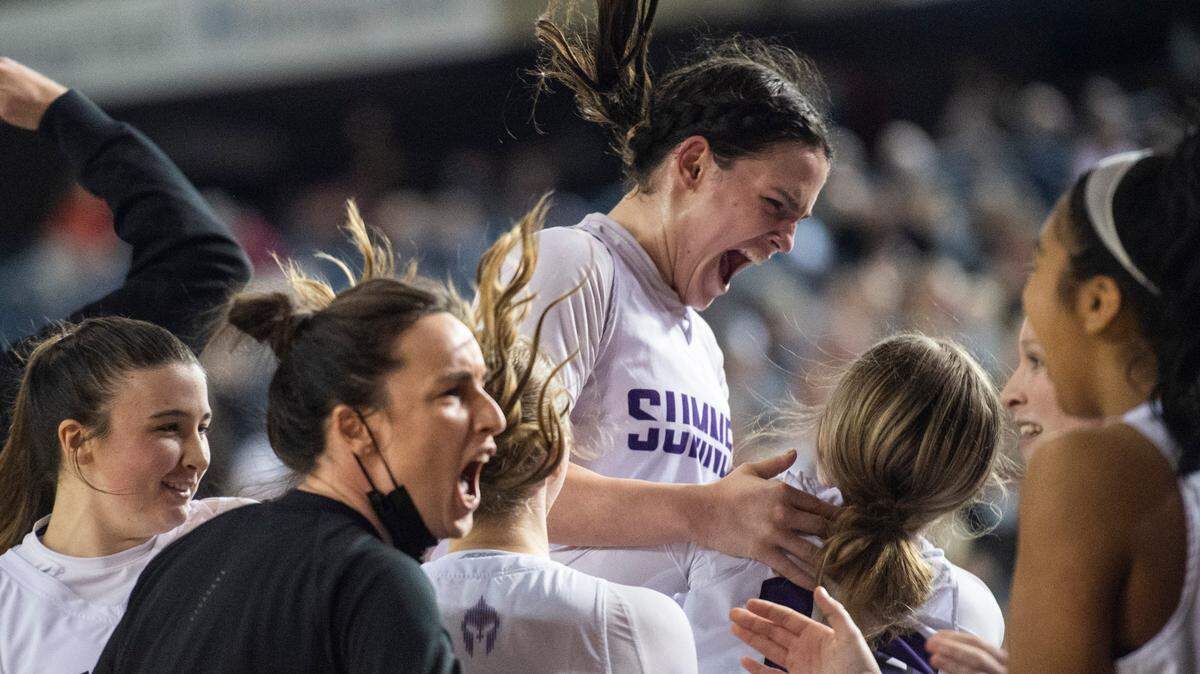 Sumner’s forward Alyson Deaver (33) celebrates after winning the Class 4A quarterfinal state tournament game on Thursday, March 3, 2022, at the Tacoma Dome, in Tacoma, Wash.