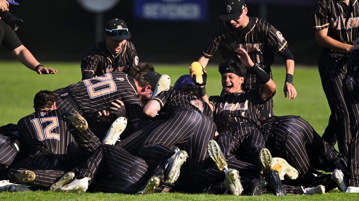 Puyallup Vikings reacts to their 6-5 victory against Lake Stevens during the quarterfinal round of the 4A State tournament at Heritage Recreation Center, on Saturday, May 24, 2025, in Puyallup, Wash.