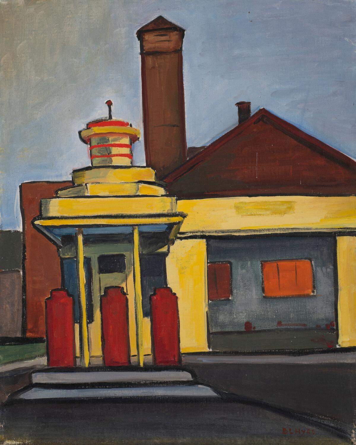 A painting of a gas station by B.L. Hyde.