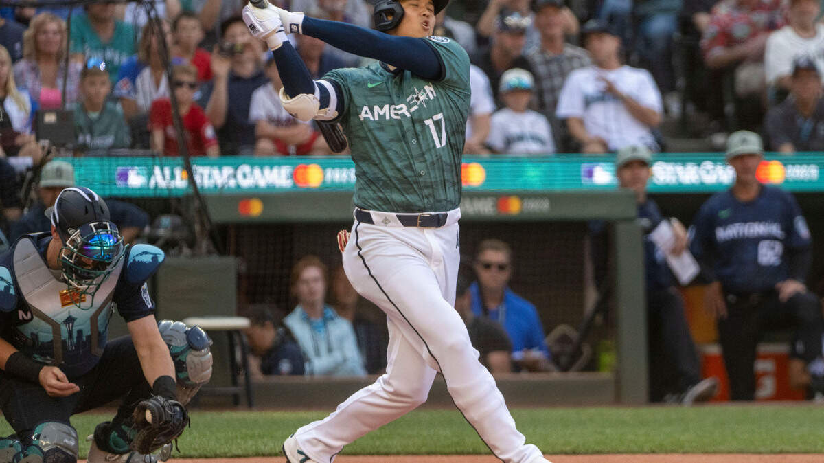 Los Angeles Angels designated hitter Shohei Ohtani swings a misses at a pitch by National League starter Zac Gallen for a swinging strikeout during the bottom of the first inning of the 2023 MLB All-Star Game on Tuesday, July 11, 2023, at T-Mobile Park in Seattle.