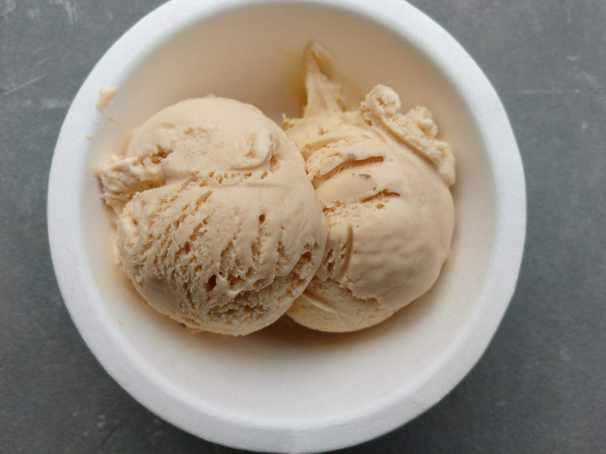 A bowl of salty caramel ice cream from Bliss Small Batch Creamery.