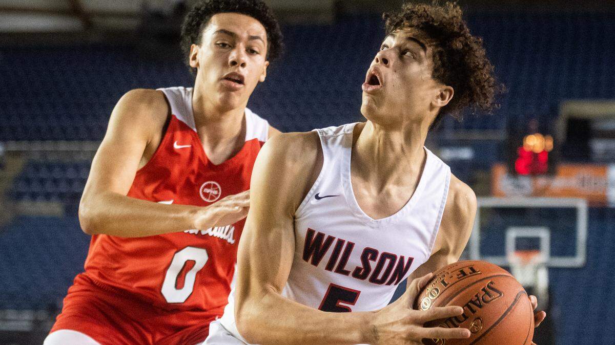 Wilson’s Jackson Dorsey attempts a shot during the second quarter. Wilson played Marysville-Pilchuck in a basketball game at Hardwood Classic at the Tacoma Dome in Tacoma, Wash., on Friday, March 6, 2020.