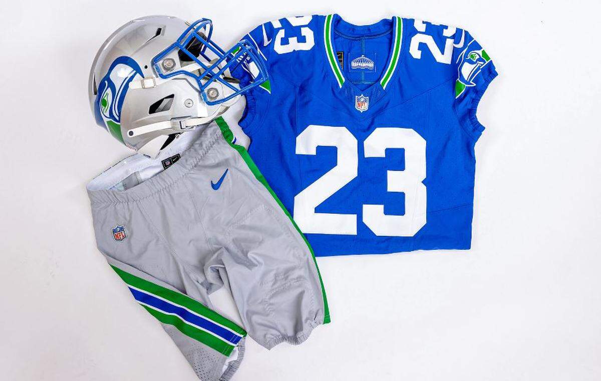 The full throwback uniforms from the 1990s, Kingdome era the Seahawks will wear Oct. 29, 2023, for their home game against the Cleveland Browns at Lumen Field.