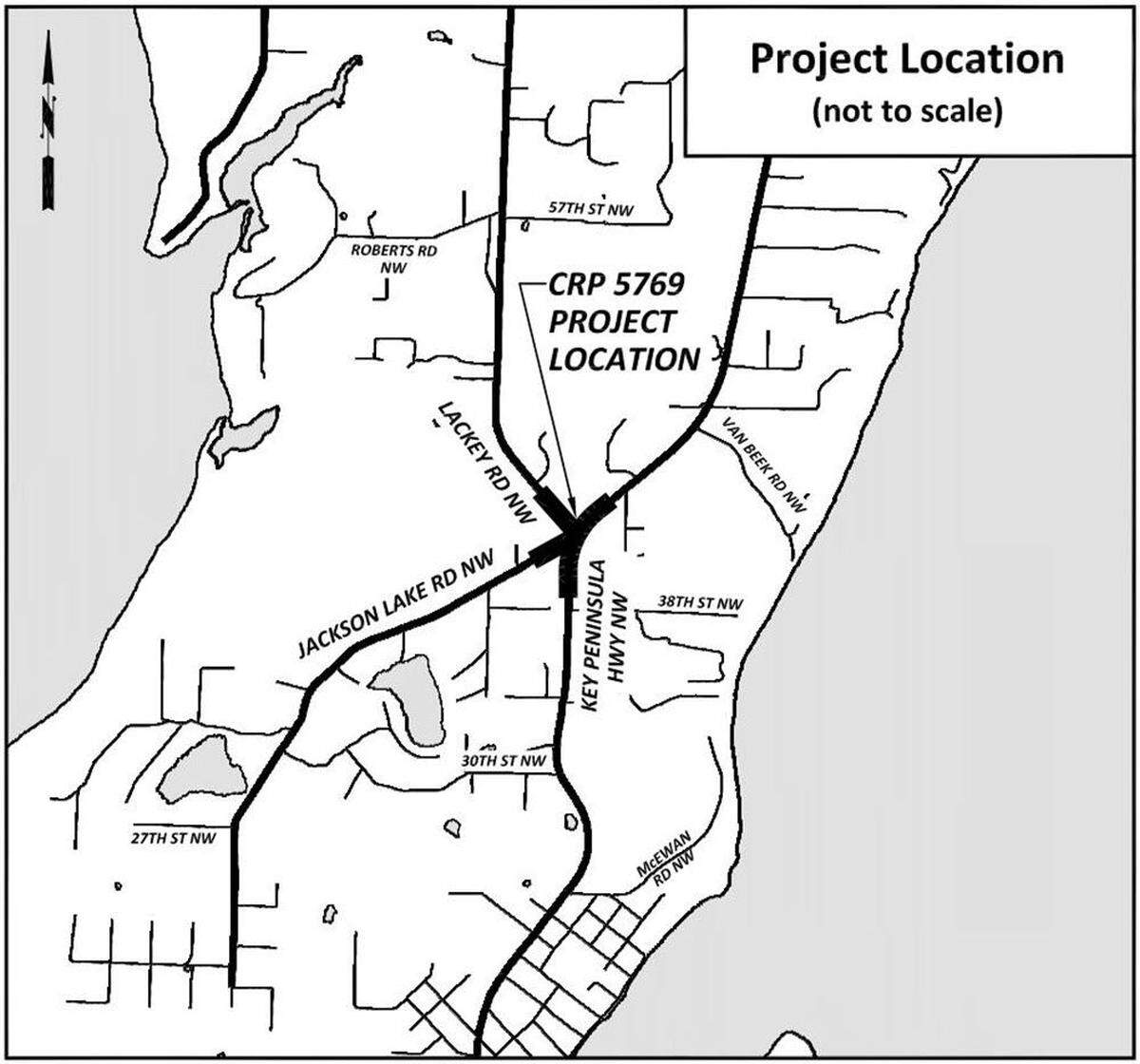 A map of the Lackey Road Northwest/Jackson Lake Road Northwest/Key Peninsula Highway Northwest intersection in the Key Peninsula, Wash. A new roundabout is slated for the area, with safety and traffic congestion improvements.
