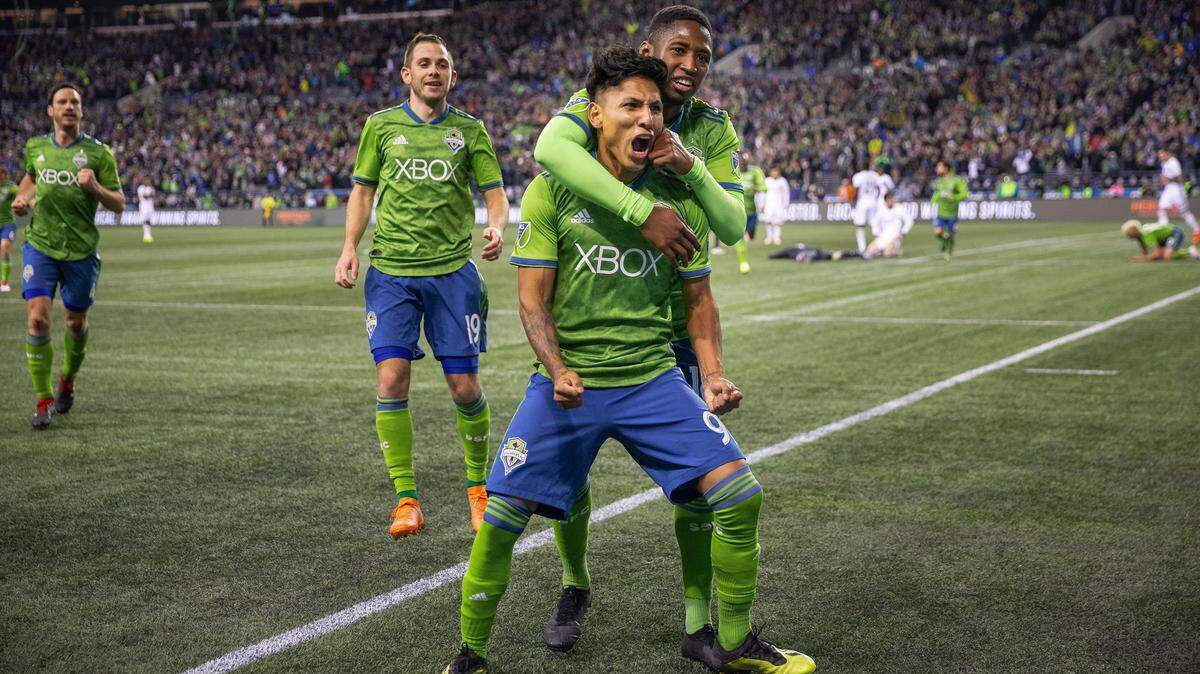 Seattle Sounders’ Raul Ruidiaz reacts during a second-leg match against Portland Timbers in an MLS soccer playoff series in Seattle, WA, Thursday, Nov. 8, 2018. (Dean Rutz/The Seattle Times via AP)