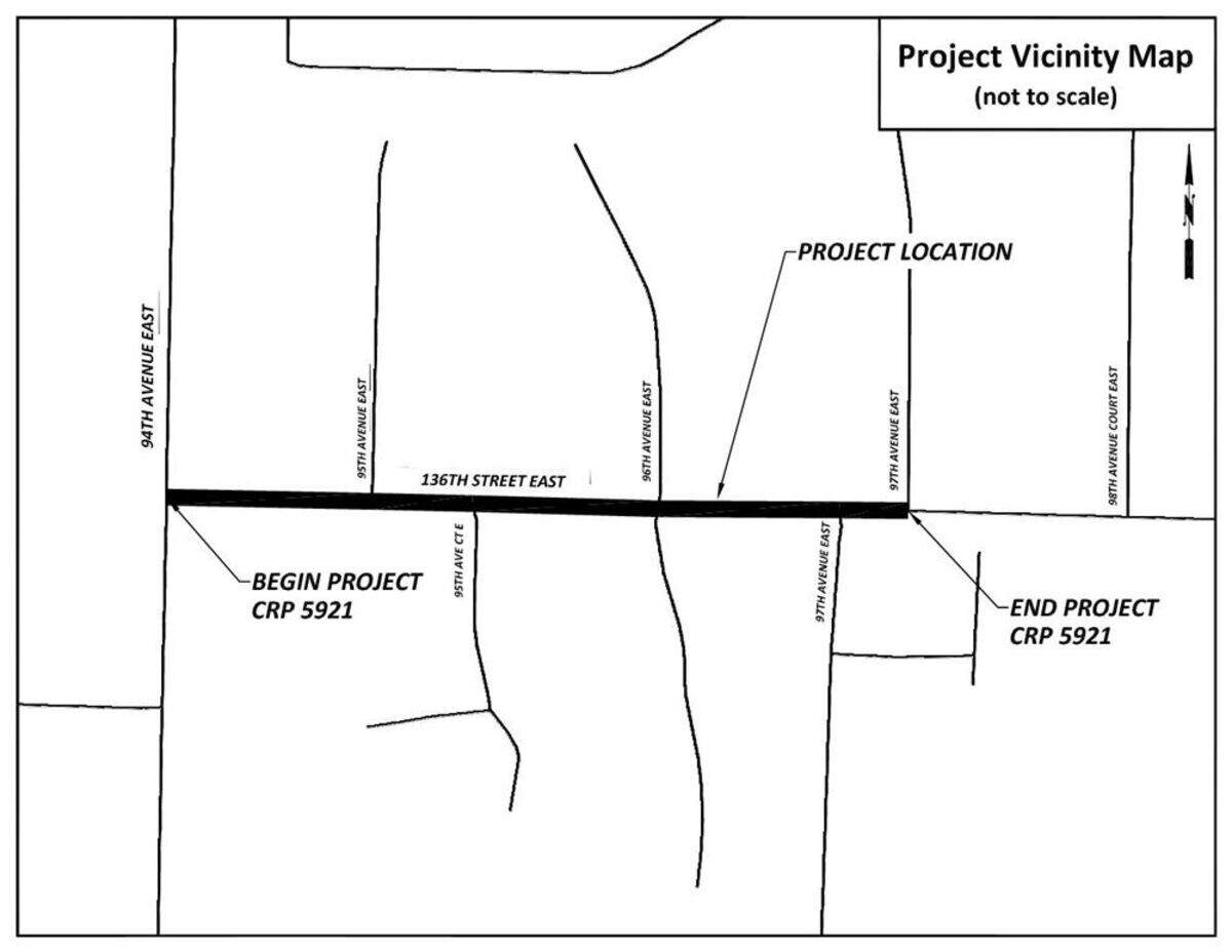 Traffic going south of 94th Avenue East near the 136th Street East intersection may be reduced to one lane. Traffic going north of 94th Avenue East near the same intersection may also be reduced to one lane. 36th Street East may turn into one lane with alternating traffic.