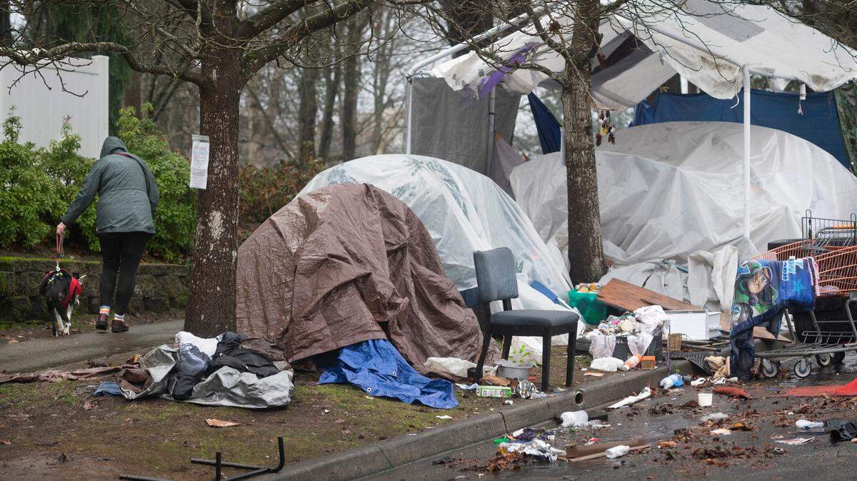 A homeless encampment across from Wright Park in Tacoma on Jan. 11, 2022.
