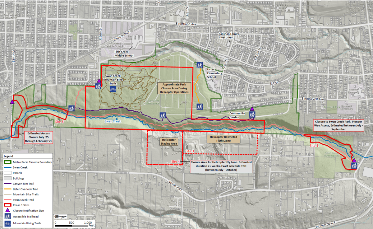 A map of Swan Creek Park in Tacoma shows sections of the park that will be closed in the summer of 2025 for trail and habitat restoration work.