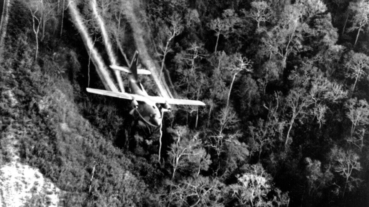 In this May 1966 photo, a U.S. Air Force C-123 flies low along a South Vietnamese highway spraying defoliants on dense jungle growth beside the road to eliminate ambush sites for the Viet Cong during the Vietnam War. Because of concerns about Agent Orange, more than one-quarter of the 1 million Vietnam veterans receiving disability checks are getting compensation for diabetes and other ailments.