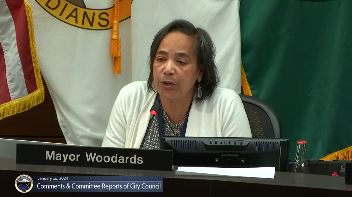 Tacoma Mayor Victoria Woodards speaks during a Jan. 16, 2024 City Council meeting. Council members addressed the resignations of the officers acquitted in the death of Manuel Ellis and changes to the city’s collective bargaining agreement with Tacoma Police Union Local 6.