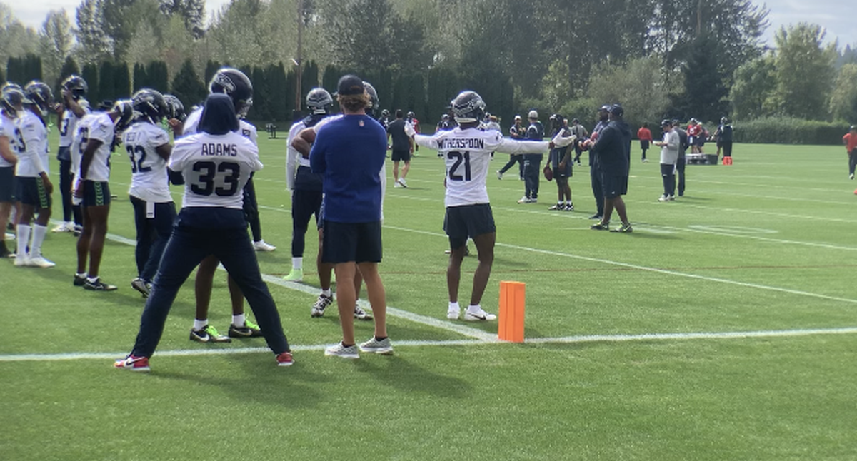 Devon Witherspoon (21) dancing to Michael Jackson music playing at the start of Seahawks practice Monday, Sept. 4, 2023. It was the rookie cornerback and fifth pick in this year’s draft’s return from a hamstring injury that had him out since Aug. 7.
