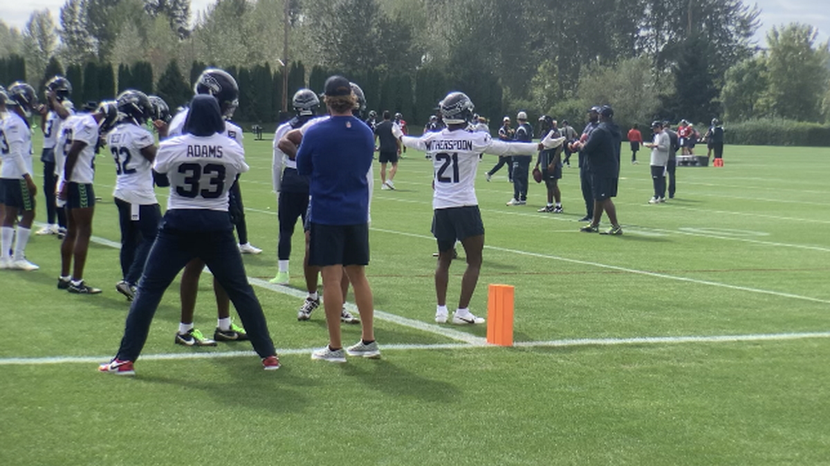 Devon Witherspoon (21) dancing to Michael Jackson music playing at the start of Seahawks practice Monday, Sept. 4, 2023. It was the rookie cornerback and fifth pick in this year’s draft’s return from a hamstring injury that had him out since Aug. 7.
